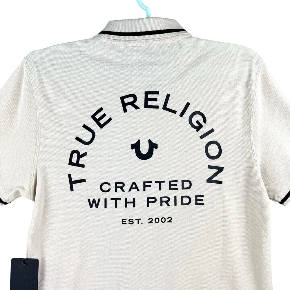NWT True Religion Men's Crafted W/Pride Fog White/Black Tipping Polo Size Small